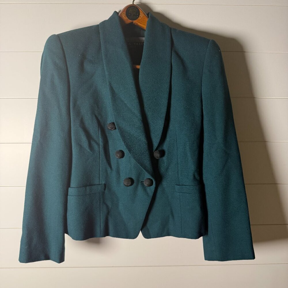 Linda Allard Ellen Tracy Green 100% Wool Suit Jacket Sz Petite 6, Skirt Sz 4